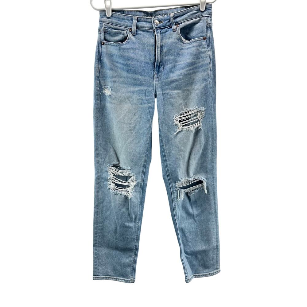 American Eagle Mom Straight Jeans Light Blue Distressed Size 6